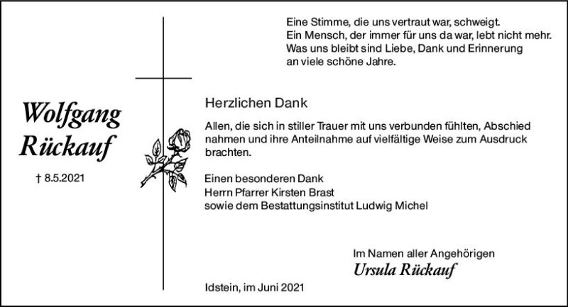  Traueranzeige für Wolfgang Rückauf vom 12.06.2021 aus vrm-trauer
