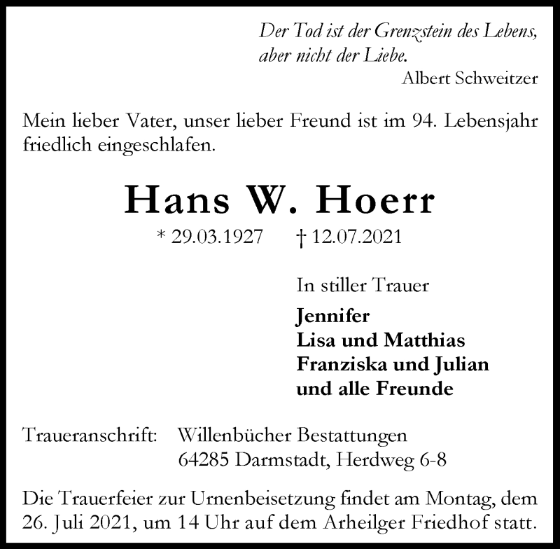  Traueranzeige für Hans W. Hoerr vom 17.07.2021 aus VRM-TRAUER