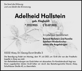 Traueranzeige von Adelheid Hallstein von vrm-trauer