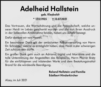 Traueranzeige von Adelheid Hallstein von vrm-trauer