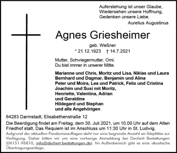 Traueranzeige von Agnes Griesheimer von vrm-trauer