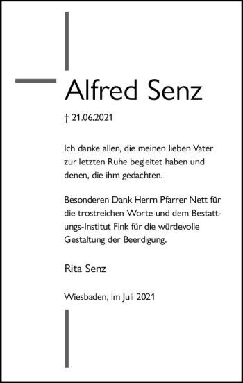 Traueranzeige von Alfred Senz von vrm-trauer