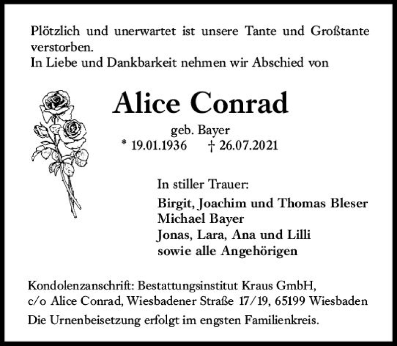  Traueranzeige für Alice Conrad vom 31.07.2021 aus vrm-trauer