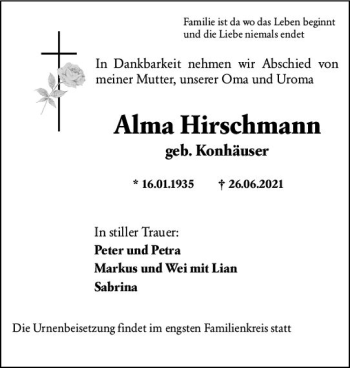 Traueranzeige von Alma Hirschmann von vrm-trauer