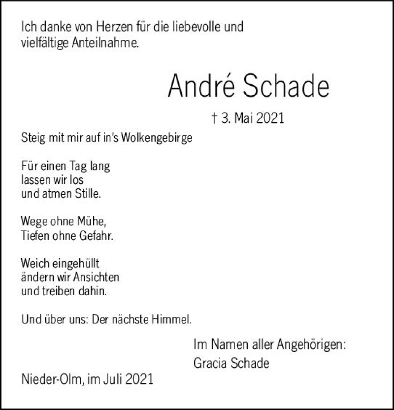  Traueranzeige für Andre Schade vom 03.07.2021 aus vrm-trauer