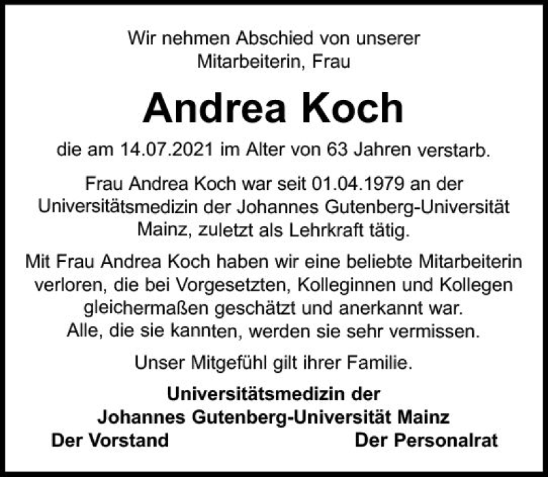  Traueranzeige für Andrea Koch vom 24.07.2021 aus vrm-trauer