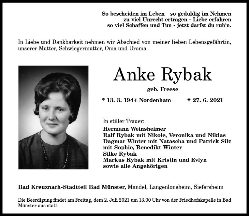  Traueranzeige für Anke Rybak vom 01.07.2021 aus vrm-trauer