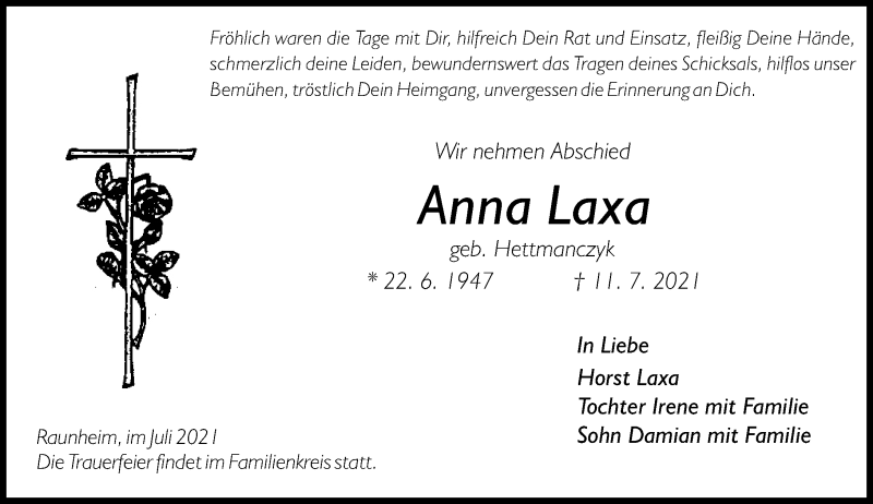  Traueranzeige für Anna Laxa vom 17.07.2021 aus vrm-trauer