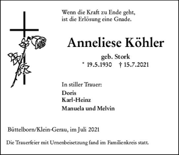 Traueranzeige von Anneliese Köhler von vrm-trauer