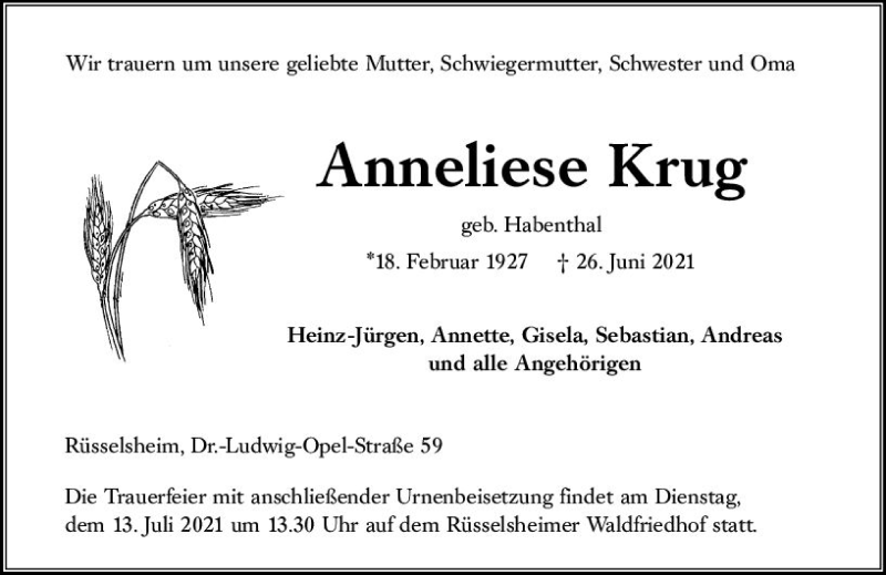  Traueranzeige für Anneliese Krug vom 10.07.2021 aus vrm-trauer