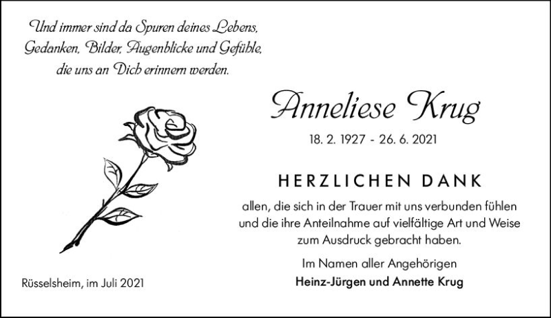  Traueranzeige für Anneliese Krug vom 24.07.2021 aus vrm-trauer