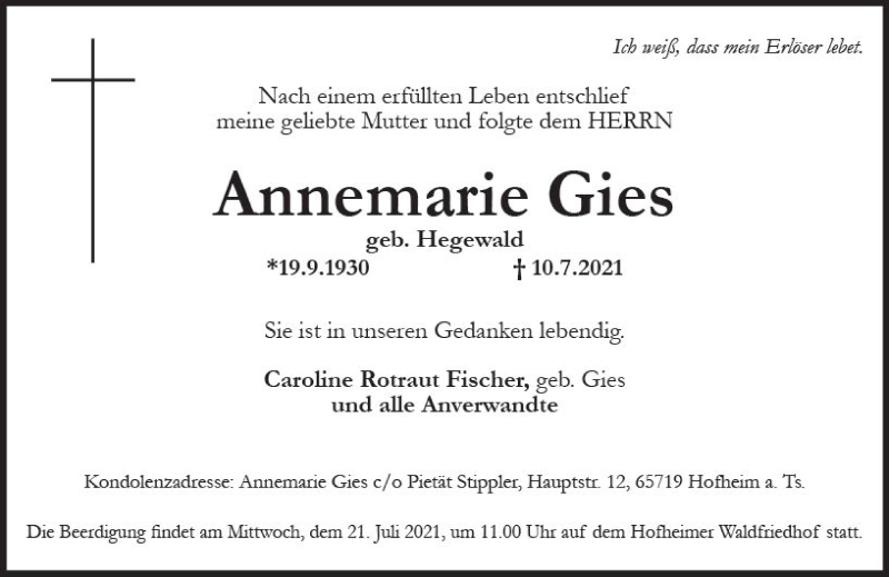  Traueranzeige für Annemarie Gies vom 16.07.2021 aus vrm-trauer