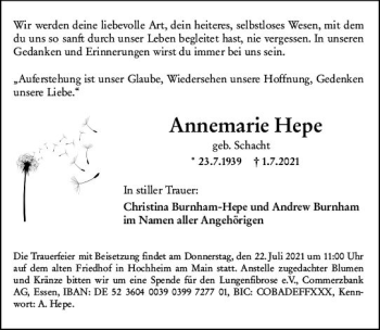 Traueranzeige von Annemarie Hepe von vrm-trauer
