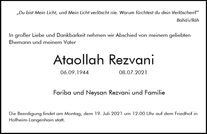  Traueranzeige für Ataollah Rezvani vom 16.07.2021 aus vrm-trauer