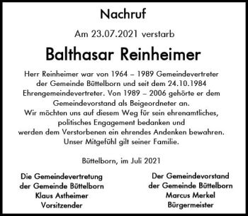 Traueranzeige von Balthasar Reinheimer von vrm-trauer