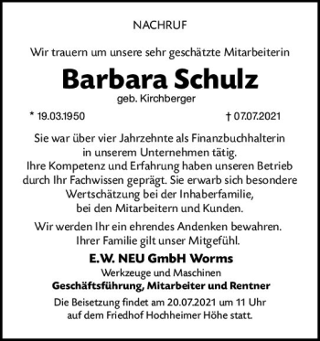 Traueranzeige von Barbara Schulz von vrm-trauer
