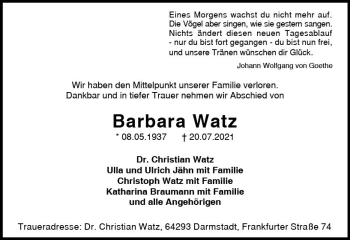 Traueranzeige von Barbara Watz von vrm-trauer