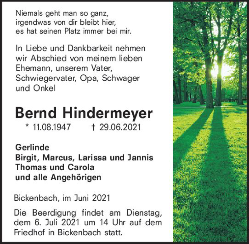  Traueranzeige für Bernd Hindermeyer vom 03.07.2021 aus vrm-trauer