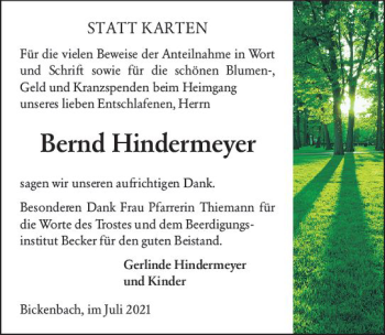 Traueranzeige von Bernd Hindermeyer von vrm-trauer