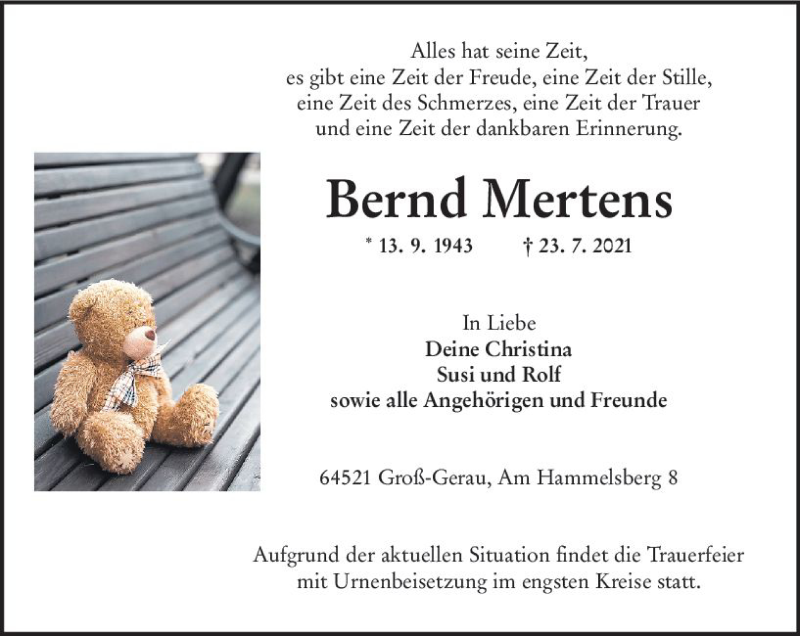  Traueranzeige für Bernd Mertens vom 31.07.2021 aus vrm-trauer