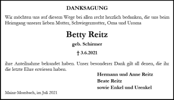Traueranzeige von Betty Reitz von vrm-trauer