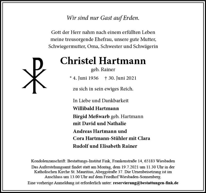  Traueranzeige für Christel Hartmann vom 10.07.2021 aus vrm-trauer