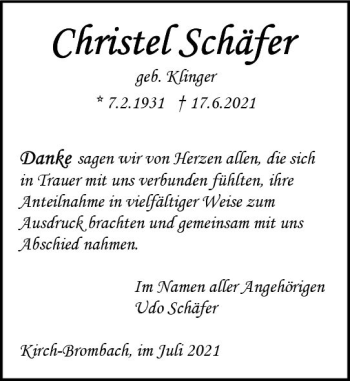 Traueranzeige von Christel Schäfel von vrm-trauer