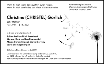 Traueranzeige von Christine Görlich von vrm-trauer