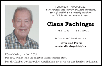 Traueranzeige von Claus Fachinger von vrm-trauer
