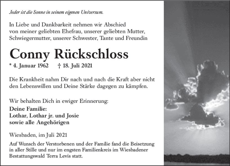  Traueranzeige für Conny Rückschloss vom 31.07.2021 aus vrm-trauer