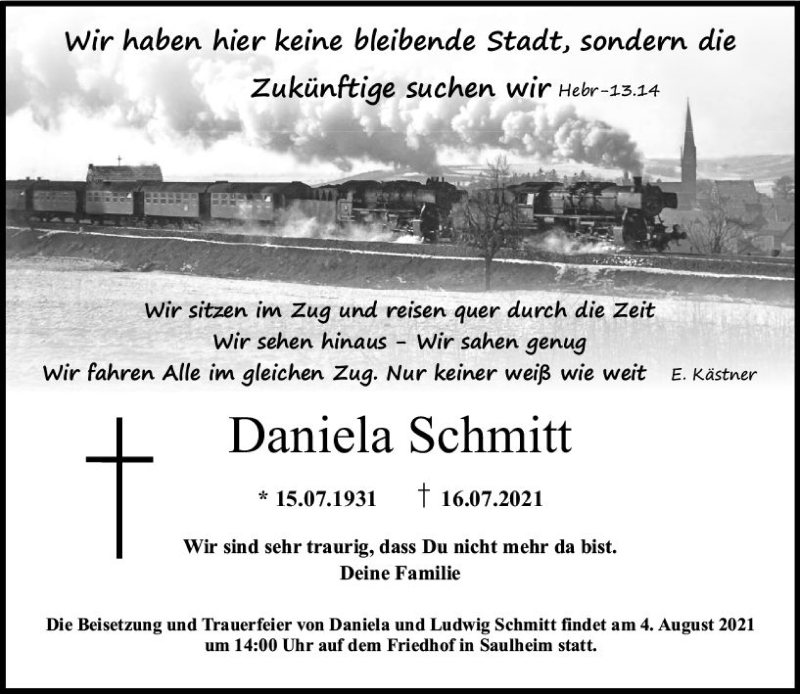 Traueranzeige für Daniela Schmitt vom 24.07.2021 aus vrm-trauer