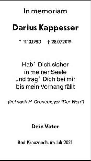 Traueranzeige von Darius Kappesser von vrm-trauer