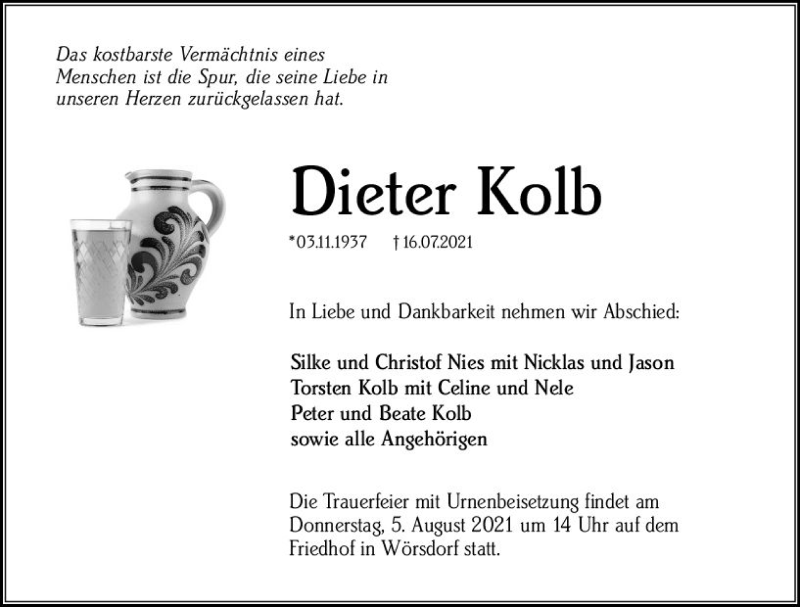  Traueranzeige für Dieter Kolb vom 31.07.2021 aus vrm-trauer