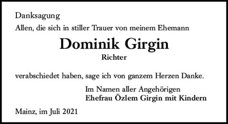  Traueranzeige für Dominik Girgin vom 22.07.2021 aus vrm-trauer