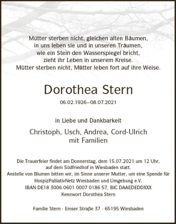 Traueranzeige von Dorothea Stern von vrm-trauer