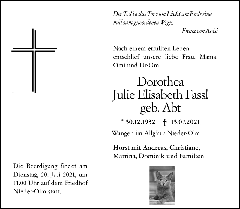  Traueranzeige für Dorothea Julie Elisabeth Fassl vom 17.07.2021 aus vrm-trauer