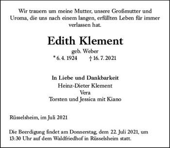 Traueranzeige von Edith Klement von vrm-trauer