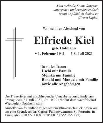 Traueranzeige von Elfriede Kiel von vrm-trauer