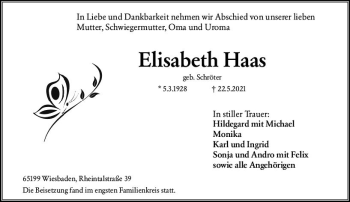 Traueranzeige von Elisabeth Haas von vrm-trauer