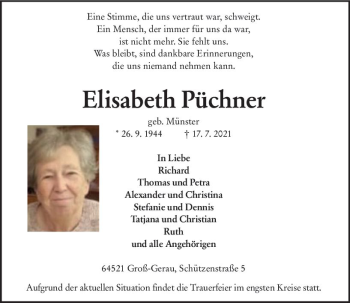 Traueranzeige von Elisabeth Püchner von vrm-trauer