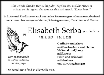 Traueranzeige von Elisabeth Serba von vrm-trauer