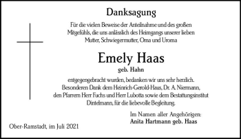 Traueranzeige von Emely Haas von vrm-trauer