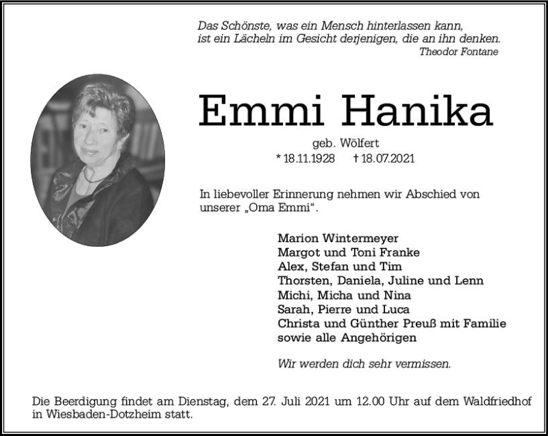  Traueranzeige für Emmi Hanika vom 24.07.2021 aus vrm-trauer