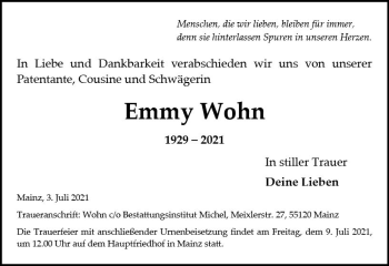 Traueranzeige von Emmy Wohn von vrm-trauer