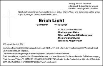 Traueranzeige von Erich Licht von vrm-trauer
