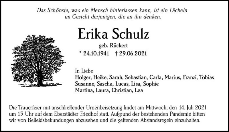 Traueranzeige für Erika Schulz vom 10.07.2021 aus vrm-trauer
