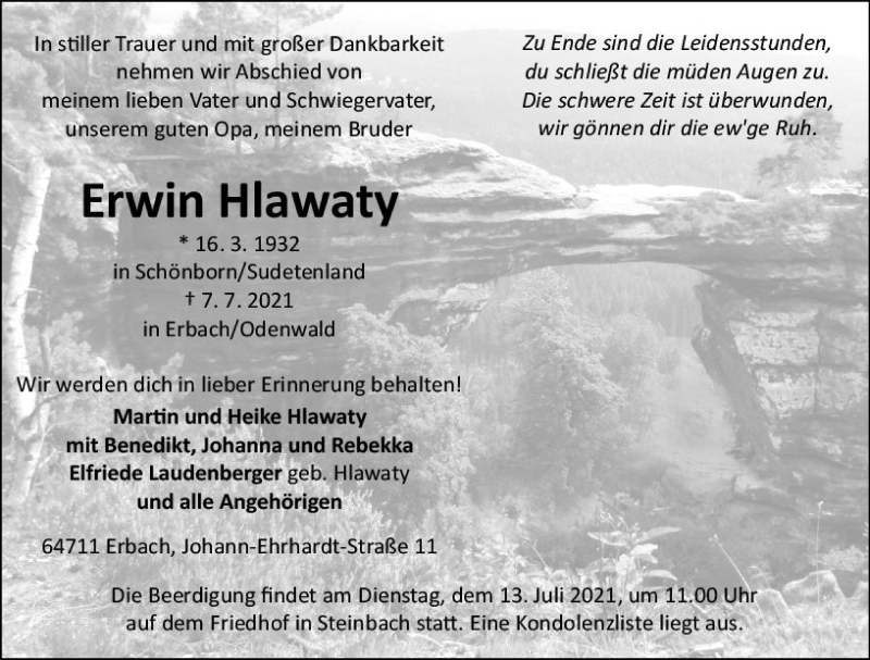 Traueranzeige für Erwin Hlawaty vom 10.07.2021 aus vrm-trauer