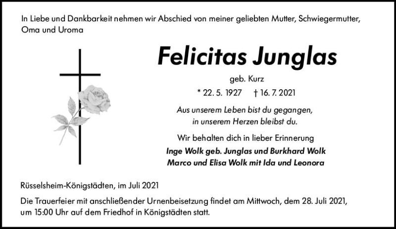  Traueranzeige für Felicitas Junglas vom 24.07.2021 aus vrm-trauer