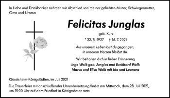 Traueranzeige von Felicitas Junglas von vrm-trauer