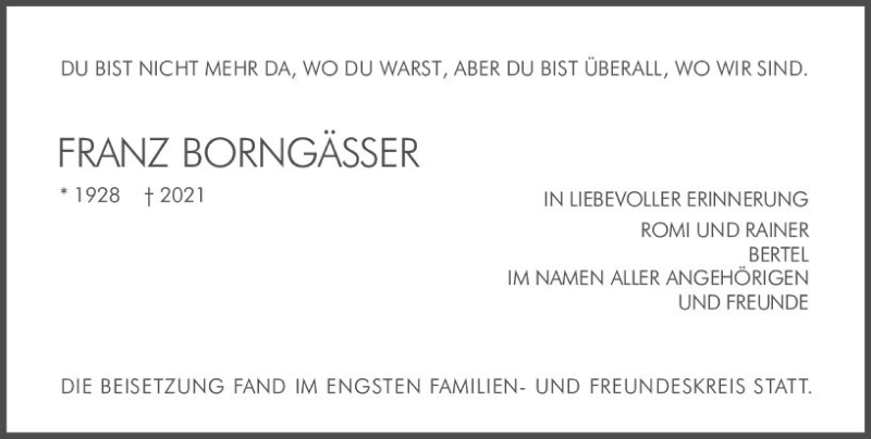  Traueranzeige für Franz Borngässer vom 24.07.2021 aus vrm-trauer